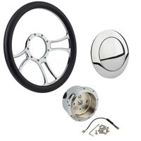 Proflow Billet 3 Slot Steering Wheel,14'' Chrome/Black Leather Universal Fit Steering Wheel ,Adaptor Horn Button 2 inch Dish Kit