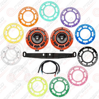Hella Genuine Supertone Red Horn PAIR w/PSR Coloured Covers, Harness & Bracket for Subaru WRX/STI