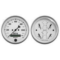 AUTOMETER 2 PC GAUGE KIT,3-3/8" QUAD & SPEEDO,ELECTRIC,240-33 ?,OLD TYME WHITE # 1600