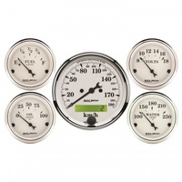 5 PC GAUGE KIT,3-1/8"& 2-1/16",ELECTRIC SPEEDOMETER,KM/H,OLD TYME WHITE # 1602-M