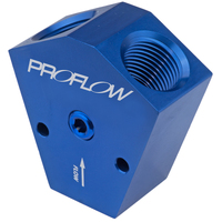 Proflow Fuel Block Y-Type Billet Aluminium Red Anodised 3/8 in. NPT Female Inlet 3/8 in. NPT Female Outlets 1/8in. NPT Gauge Port