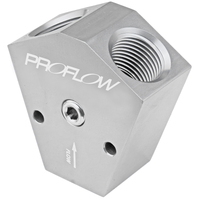 Proflow Fuel Block Y-Type Billet Aluminium Red Anodised 3/8 in. NPT Female Inlet 3/8 in. NPT Female Outlets 1/8in. NPT Gauge Port