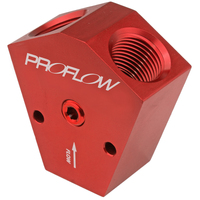 Proflow Fuel Block Y-Type Billet Aluminium Red Anodised 1/2in. in. NPT Female Inlet 3/8 in. NPT Female Outlets 1/8in. NPT Gauge Port