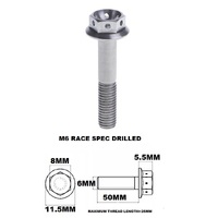 M6X50MM 1.0 THREAD PITCH TITANIUM RACE FLANGE 8MM HEX BOLT GR 5
