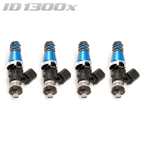 ID1300-XDS Injectors Set of 4, 60mm Length, 11mm Blue Adaptor Top, Denso Lower Cushion - Mitsubishi Evo 4-9/Toyota 4AGE/Celica 1ZZ-FE