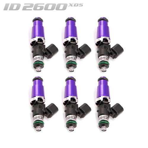 ID2600-XDS Injectors Set of 6, 60mm Length, 14mm Purple Adaptor Top, 14mm Lower O-Ring - Toyota Supra 2JZ-GTE/Holden V6/Porsche 993/996/997.1/BMW E36