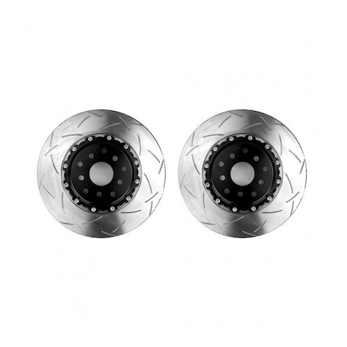 Clubspec 5000 2x Fully Assembled 2-Piece XS Cross-Drilled/Slotted Front Rotors w/Black Hats FOR Mustang GT 15+