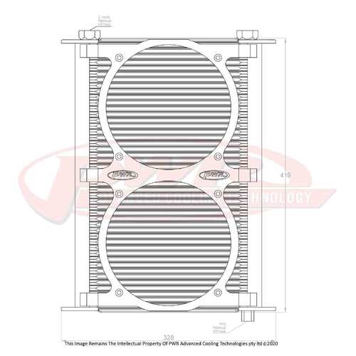 PWR Engine Oil Cooler - Plate and Fin 280 x 423 x 37mm (48 Row) suits 2 x 8" SPAL Fans, Temp Switch Boss