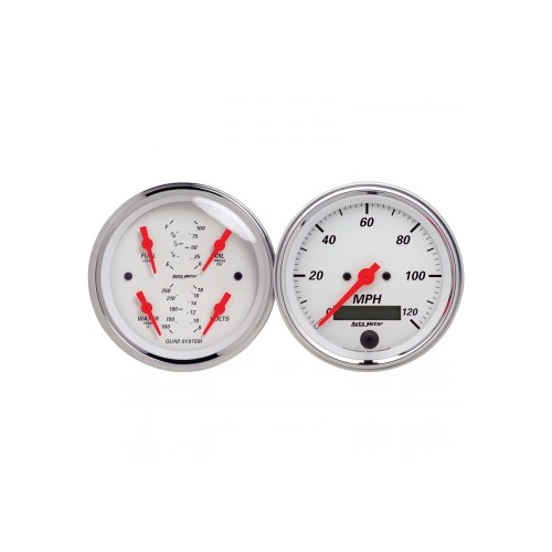 AUTOMETER 2 PC GAUGE KIT,3-3/8" QUAD & SPEEDO,ELECTRIC,240-33 ?,ARCTIC WHITE # 1308