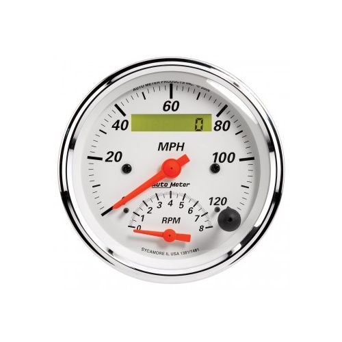 GAUGE 3-3/8" TACHOMETER/SPEEDOMETER COMBO,8K RPM/120 MPH,ELECTRIC,ARCTIC WHITE # 1381