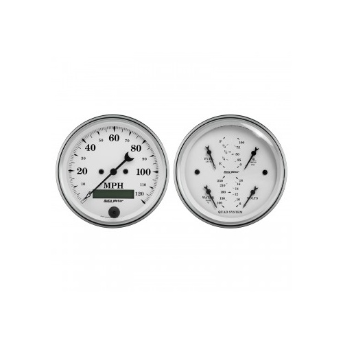 AUTOMETER 2 PC GAUGE KIT,3-3/8" QUAD & SPEEDO,ELECTRIC,240-33 ?,OLD TYME WHITE # 1600