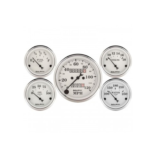 AUTOMETER 5 PC GAUGE KIT,3-1/8" & 2-1/16",MECHANICAL SPEEDOMETER,OLD TYME WHITE # 1601