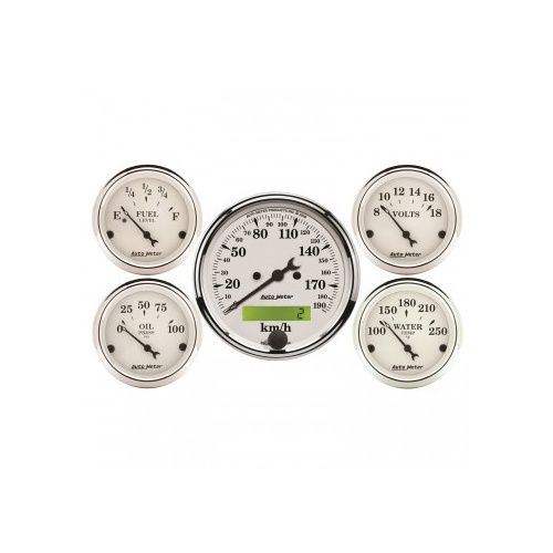 5 PC GAUGE KIT,3-1/8"& 2-1/16",ELECTRIC SPEEDOMETER,KM/H,OLD TYME WHITE # 1602-M