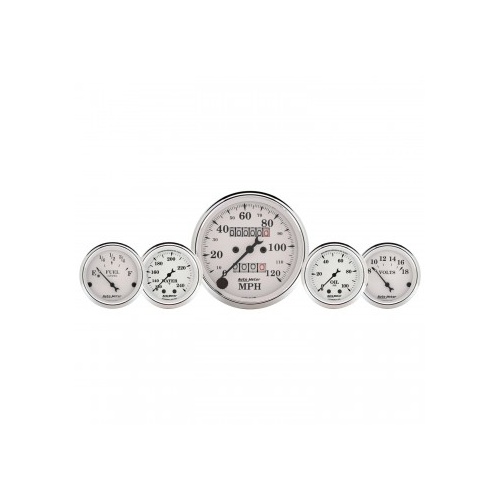5 PC GAUGE KIT,3-1/8"& 2-1/16",MECHANICAL SPEEDOMETER,WTMP& OILP,OLD TYME WHT # 1611