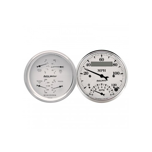 2 PC GAUGE KIT,3-3/8" QUAD& TACH/SPEEDO,ELECTRIC,240-33 ?,OLD TYME WHITE # 1620