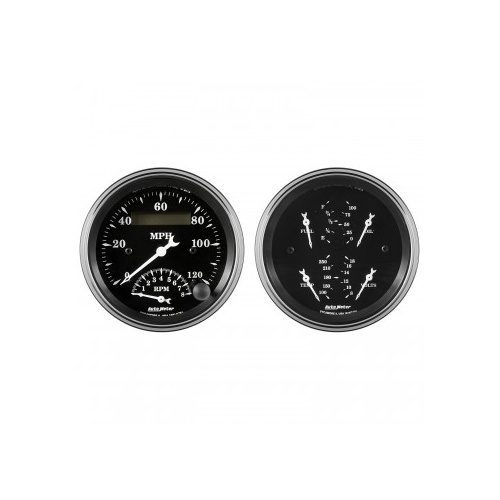 2 PC GAUGE KIT,3-3/8" QUAD& TACH/SPEEDO,ELECTRIC,240-33 ?,OLD TYME BLACK # 1720