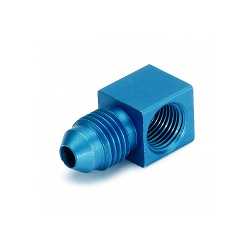 AUTOMETER FITTING,ADT,90 °,1/8" NPTF FEMALE TO -4AN MALE,ALUMINUM,BLU ANODIZED