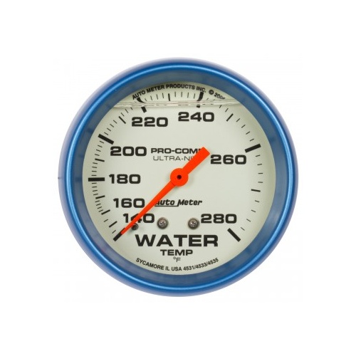 AUTOMETER GAUGE 2-5/8" WATER TEMPERATURE,140-280F,4 FT.,MECHANICAL,LIQUID FILLED,ULTRA-NITE # 4235