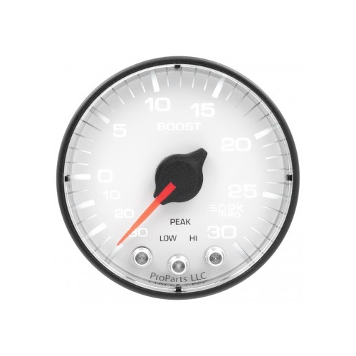 AUTOMETER GAUGE 2-1/16" BOOST/VACUUM,30 IN HG/30 PSI,STEPPER MOTOR,SPEK-PRO,WHITE DIAL,BLACK BEZEL,FLAT ANTIGLARE LENS # P302128