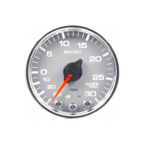 AUTOMETER GAUGE 2-1/16" BOOST/VACUUM,30 IN HG/30 PSI,STEPPER MOTOR,SPEK-PRO,SILVER DIAL,CHROME BEZEL,CLEAR LENS # P30221