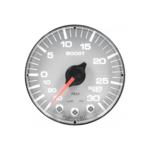 AUTOMETER GAUGE 2-1/16" BOOST/VACUUM,30 IN HG/30 PSI,STEPPER MOTOR,SPEK-PRO,SILVER DIAL,CHROME BEZEL,FLAT ANTIGLARE LENS # P302218