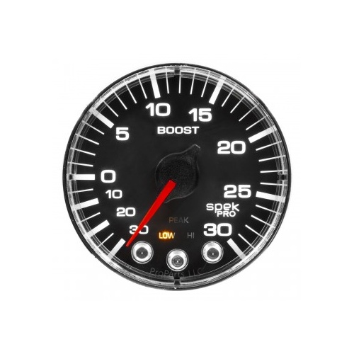 AUTOMETER GAUGE 2-1/16" BOOST/VACUUM,30 IN HG/30 PSI,STEPPER MOTOR,SPEK-PRO,BLACK DIAL,CHROME BEZEL,FLAT ANTIGLARE LENS # P302318