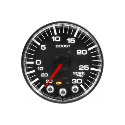AUTOMETER GAUGE 2-1/16" BOOST/VACUUM,30 IN HG/30 PSI,STEPPER MOTOR,SPEK-PRO,BLACK DIAL,BLACK BEZEL,FLAT ANTIGLARE LENS # P302328