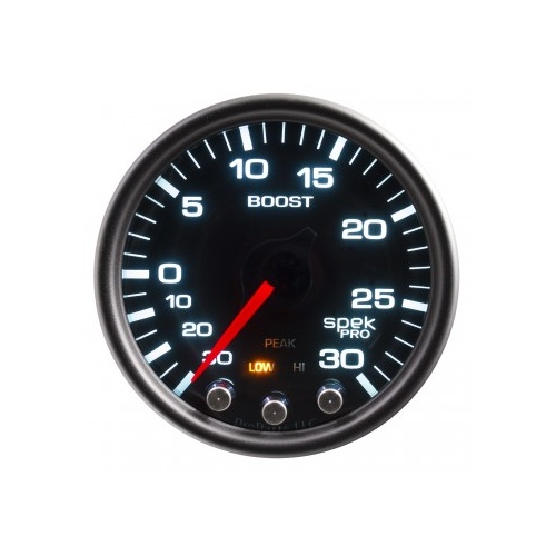 AUTOMETER GAUGE 2-1/16" BOOST/VACUUM,30 IN HG/30 PSI,STEPPER MOTOR,SPEK-PRO,BLACK DIAL,BLACK BEZEL,SMOKED LENS # P30252