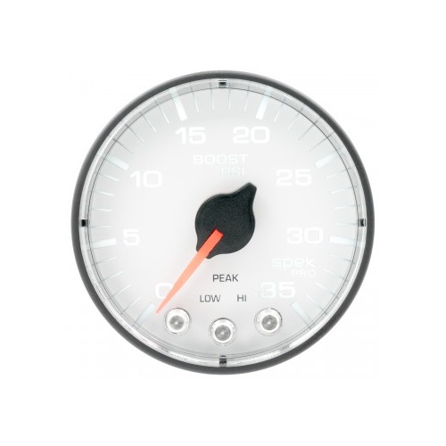 AUTOMETER GAUGE 2-1/16" BOOST,0-35 PSI,STEPPER MOTOR,SPEK-PRO,WHITE DIAL,BLACK BEZEL,FLAT ANTIGLARE LENS # P303128