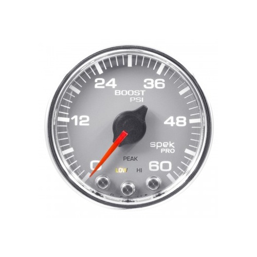 AUTOMETER GAUGE 2-1/16" BOOST,0-60 PSI,STEPPER MOTOR,SPEK-PRO,SILVER DIAL,CHROME BEZEL,CLEAR LENS # P30421