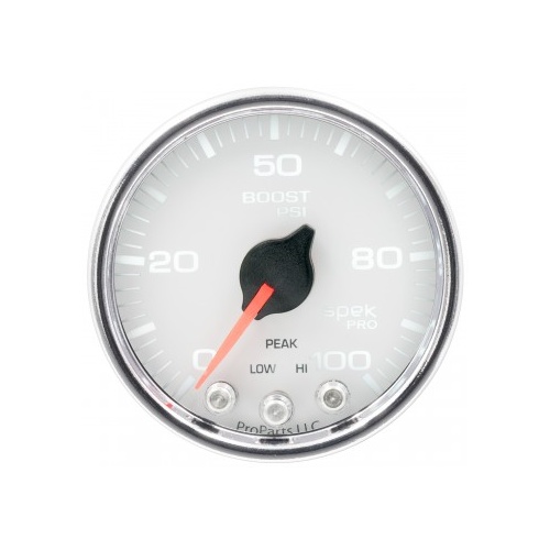 AUTOMETER GAUGE 2-1/16" BOOST,0-100 PSI,STEPPER MOTOR,SPEK-PRO,WHITE DIAL,CHROME BEZEL,CLEAR LENS # P30511