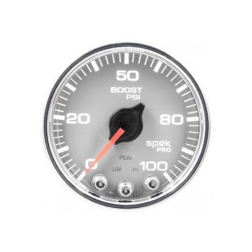 AUTOMETER GAUGE 2-1/16" BOOST,0-100 PSI,STEPPER MOTOR,SPEK-PRO,SILVER DIAL,CHROME BEZEL,CLEAR LENS # P30521