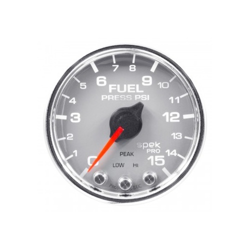 AUTOMETER GAUGE 2-1/16" FUEL PRESSURE,0-15 PSI,STEPPER MOTOR,SPEK-PRO,SILVER DIAL,CHROME BEZEL,CLEAR LENS # P31521