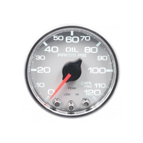 AUTOMETER GAUGE 2-1/16" OIL PRESSURE,0-120 PSI,STEPPER MOTOR,SPEK-PRO,WHITE DIAL,CHROME BEZEL,CLEAR LENS # P32511
