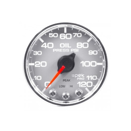 AUTOMETER GAUGE 2-1/16" OIL PRESSURE,0-120 PSI,STEPPER MOTOR,SPEK-PRO,SILVER DIAL,CHROME BEZEL,CLEAR LENS # P32521