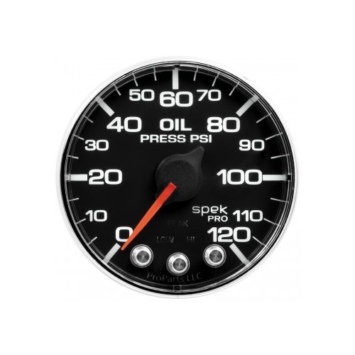 AUTOMETER GAUGE 2-1/16" OIL PRESSURE,0-120 PSI,STEPPER MOTOR,SPEK-PRO,BLACK DIAL,CHROME BEZEL,FLAT ANTIGLARE LENS # P325318