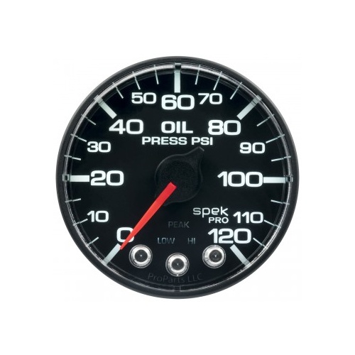 AUTOMETER GAUGE 2-1/16" OIL PRESSURE,0-120 PSI,STEPPER MOTOR,SPEK-PRO,BLACK DIAL,BLACK BEZEL,FLAT ANTIGLARE LENS # P325328