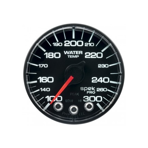 AUTOMETER GAUGE 2-1/16" WATER TEMPERATURE,100-300F,STEPPER MOTOR,SPEK-PRO,BLACK DIAL,BLACK BEZEL,FLAT ANTIGLARE LENS # P346328