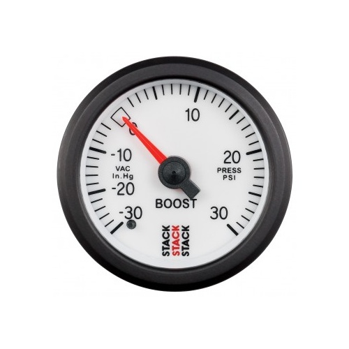 AUTOMETER GAUGE 52MM,BOOST PRESS,-30INHG TO +30PSI,MECHANICAL,STACK WHT # ST3162