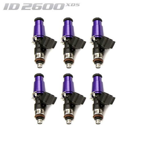 ID2600-XDS Injectors Set of 6, 60mm Length, 14mm Purple Adaptor Top, 14mm Lower O-Ring/11mm Machine O-Ring Retainer - Nissan GT-R R35 (V1 T1 Rails)