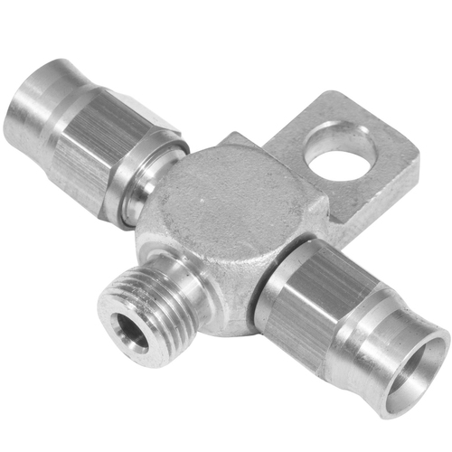 Proflow Stainless Steel Brake Adaptor Tee Block 1/8in. NPT To 2 x AN3 Hose w/Mount Tab