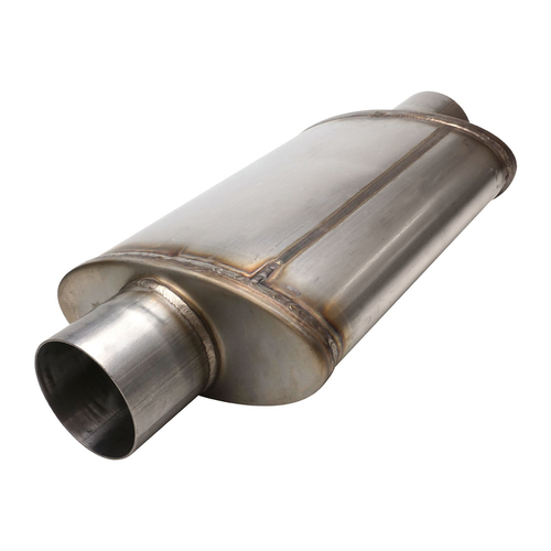 Proflow Muffler Oval 409 Stainless Steel Polished Flow Chamber 3in. Centre Inlet To 3in. Centre Outlet
