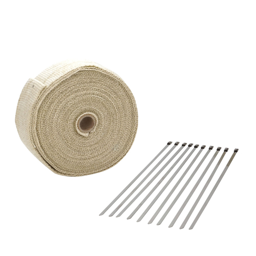 Proflow Exhaust Wrap Fiberglass Composite 650 Degrees Celsius 1 in × 50 ft Roll Light Tan 10 Locking Tie Kit