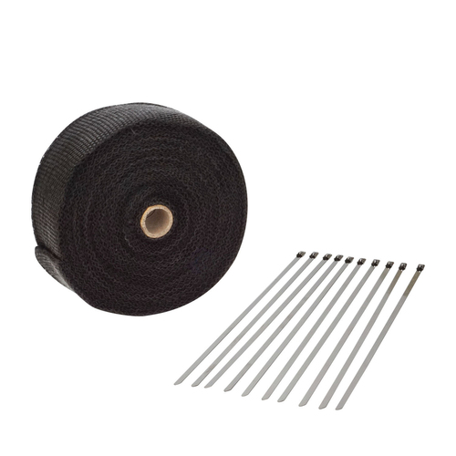 Proflow Exhaust Wrap Fiberglass Composite 650 Degrees Celsius 1 in × 100 ft Roll Black 10 Locking Tie Kit