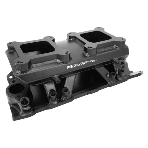 Proflow SuperMax SB Chev EFI Intake Manifold w/ Fuel Rails Tunnel Ram Fabricated Black 4150 Throttle Body