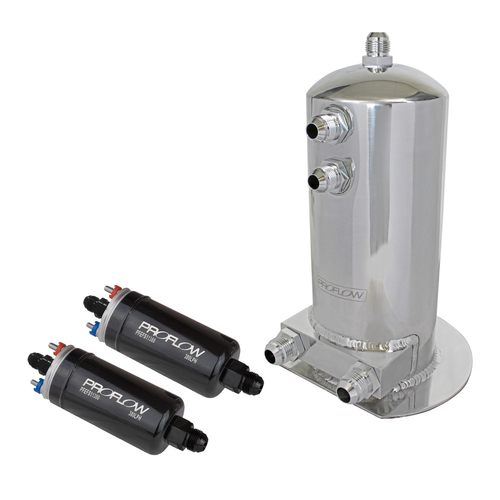 Proflow Fuel Surge Tank & Pump Kit Fabricated Aluminium 254mm x 108mm round 2.5L 2 x 044 style pumps and AN Fitting Kit Show Polished
