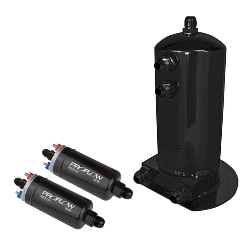 Proflow Fuel Surge Tank & Pump Kit Fabricated Aluminium 254mm x 108mm 2.5L 2x 044 style pumps Black Anodised