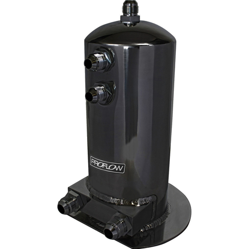 Proflow Fuel Surge Tank Fabricated Aluminium 254mm x 108mm round 2.5L AN Fitting Kit Black Anodised Dual Outlets