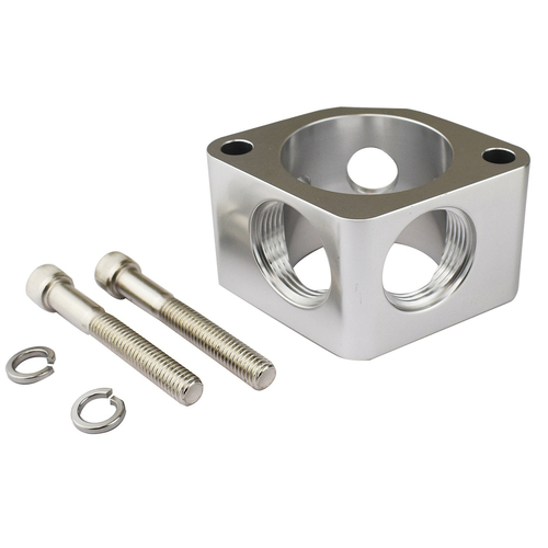 Proflow Water Neck Spacer 2 Billet Aluminium Silver 2 x AN16 outlets 2 x 1/8in. NTP Ports For Chevrolet
