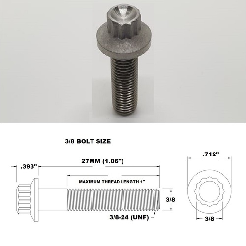3/8 UNF X 27MM FINE THREAD TITANIUM 12 POINT BOLT GRADE 5